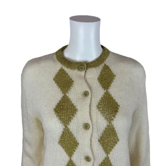 Vintage 80s Metallic Cardigan Women's Large Gold Harlequin Diamonds Sweater - Picture 3 of 8